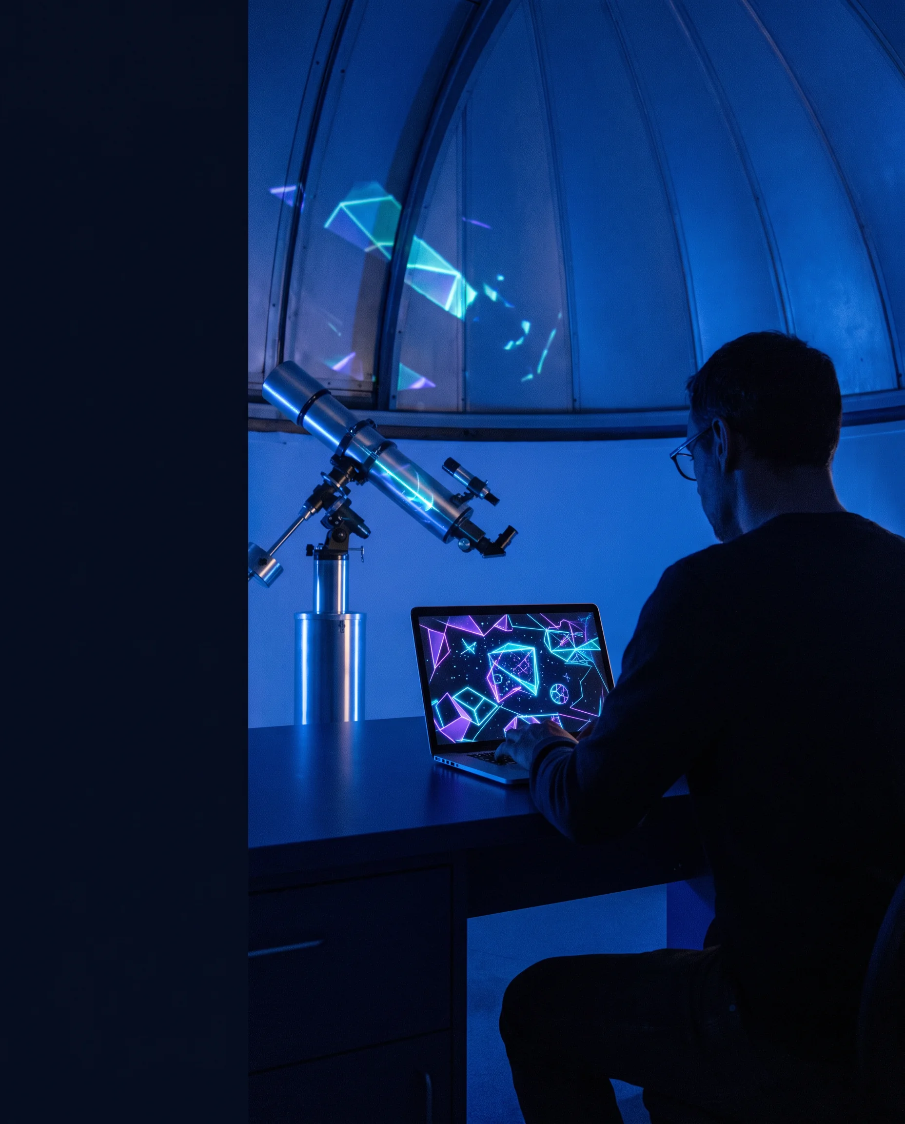 Learner observing a glowing interface at night