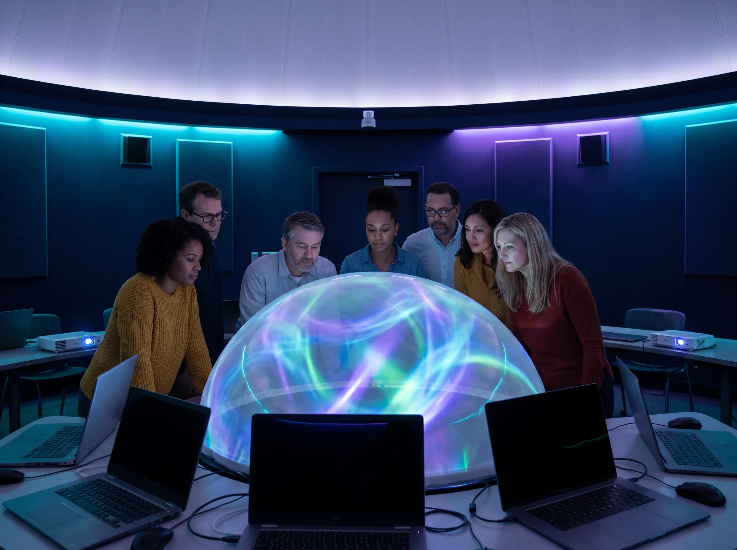 People examining a luminous projection