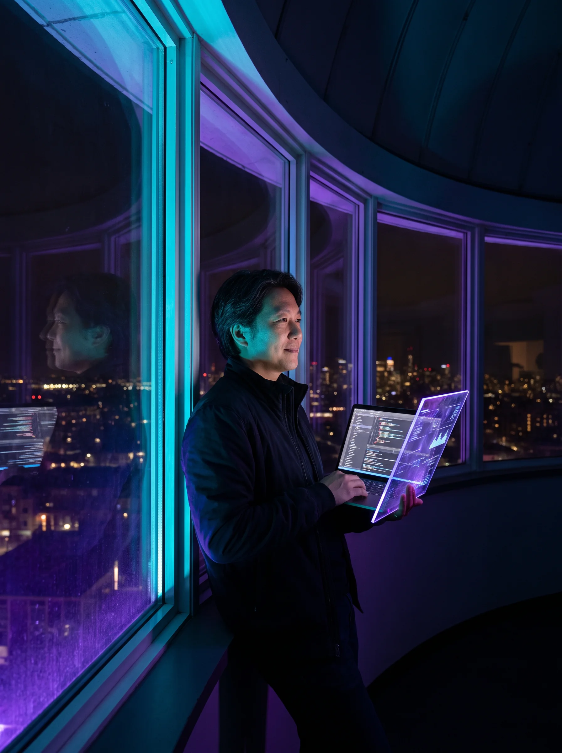 Person viewing a digital tablet in a night observatory