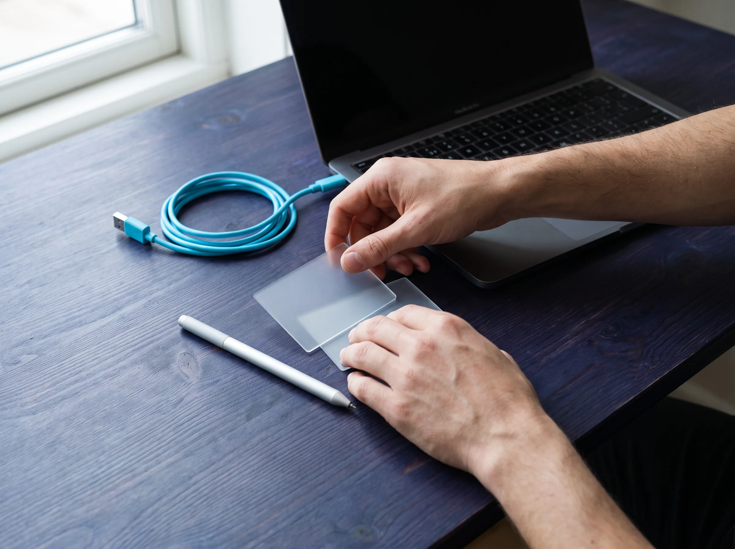 Hands working with tablet and cable at a desk