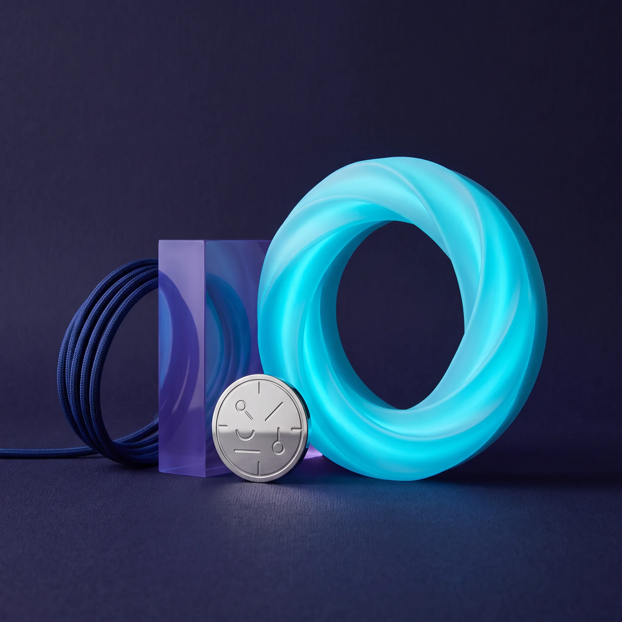 Glowing blue cable arranged with design objects
